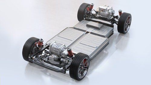 Render of an electric vehicle powertrain platform highlighting the batteries and electric motors.